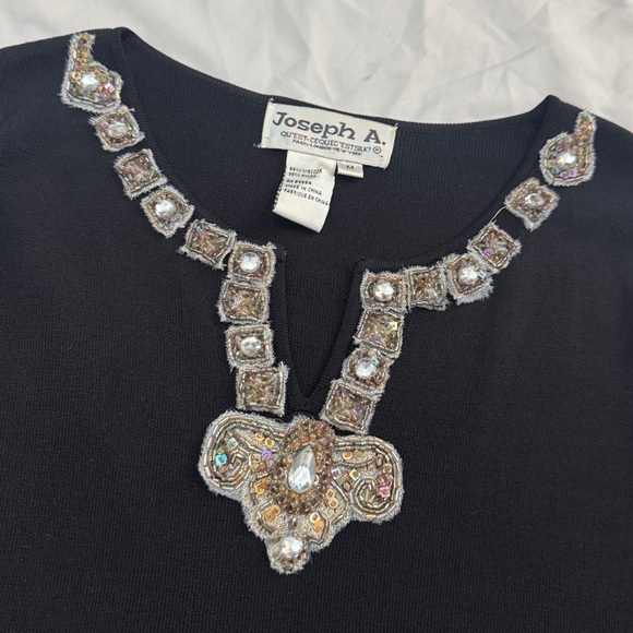 Vintage 90s Black Knit Long Sleeve Top with Sequin Embellished Details, Boho - Picture 1 of 7